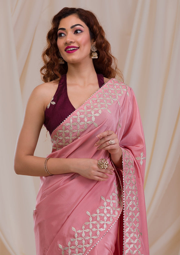 Onion Pink Gotapatti Semi Crepe Saree-Koskii