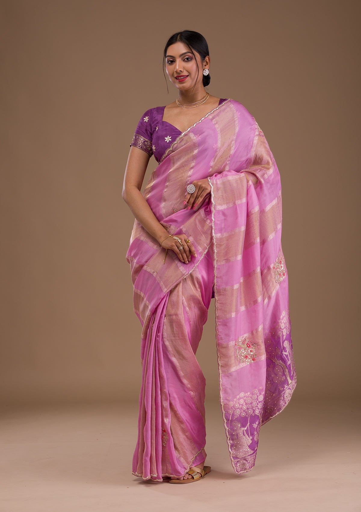 Onion Pink Gotapatti Tissue Saree-Koskii