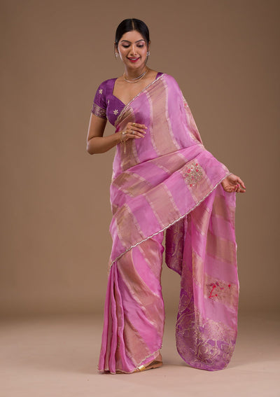 Onion Pink Gotapatti Tissue Saree-Koskii