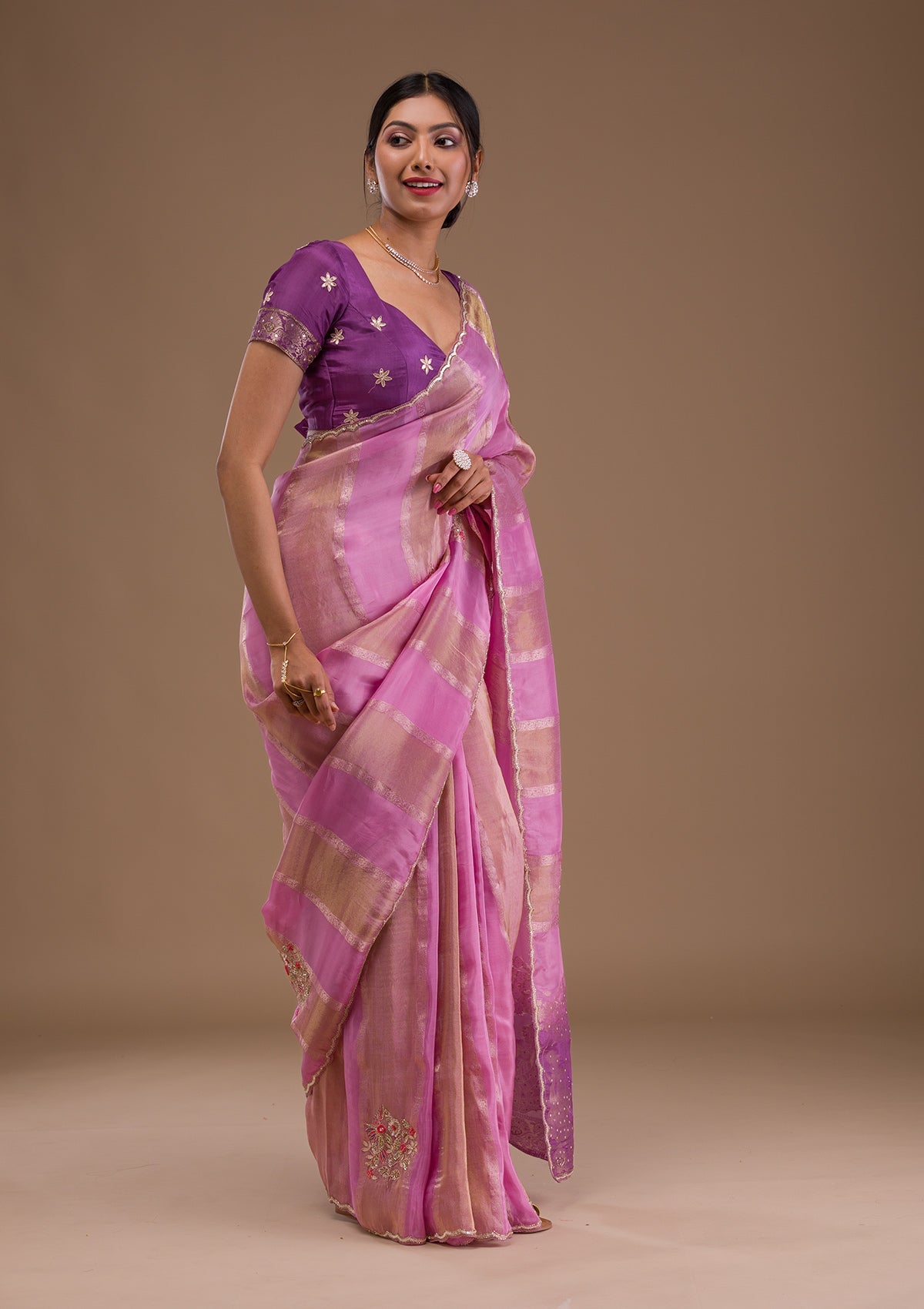 Onion Pink Gotapatti Tissue Saree-Koskii