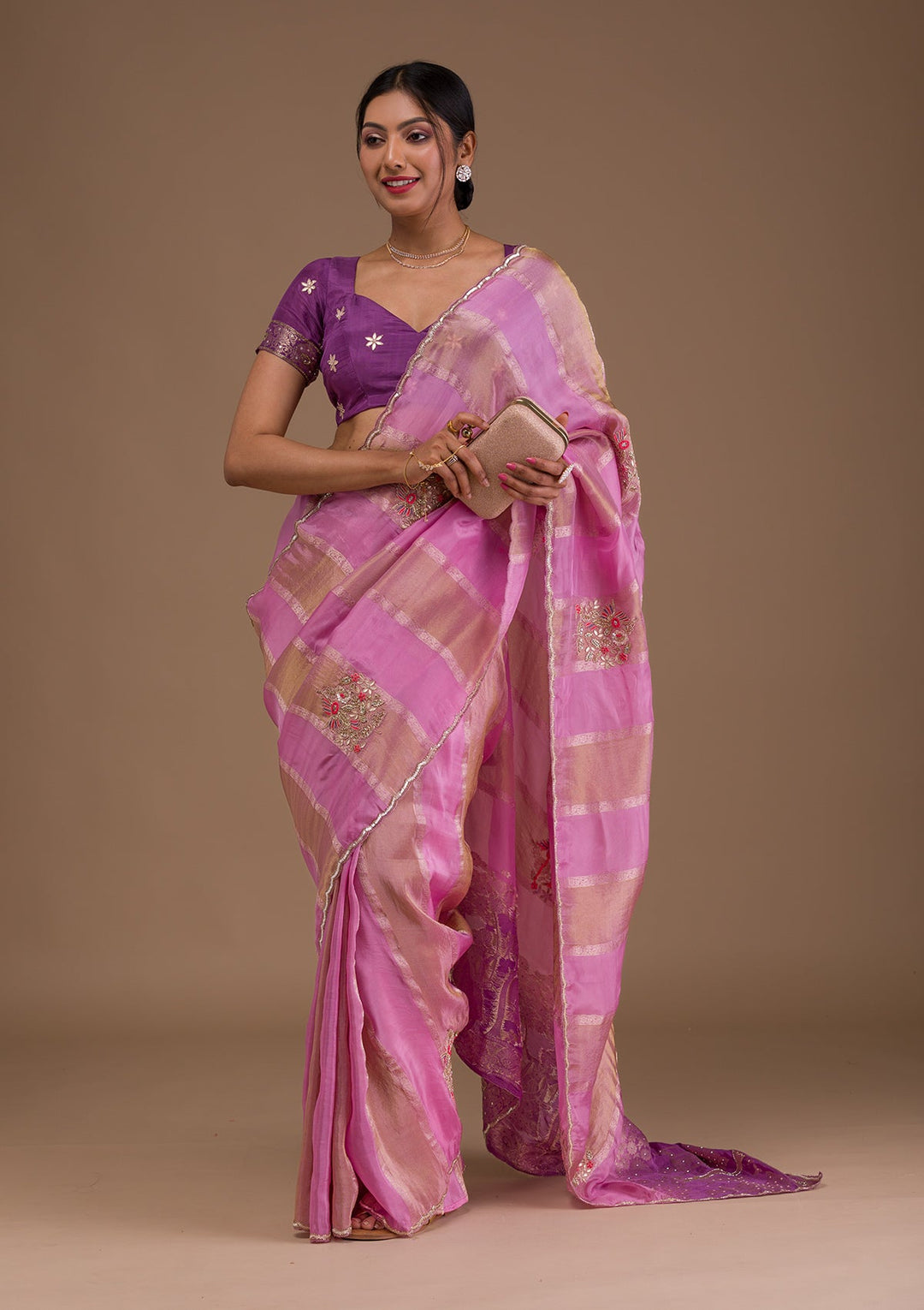 Onion Pink Gotapatti Tissue Saree-Koskii