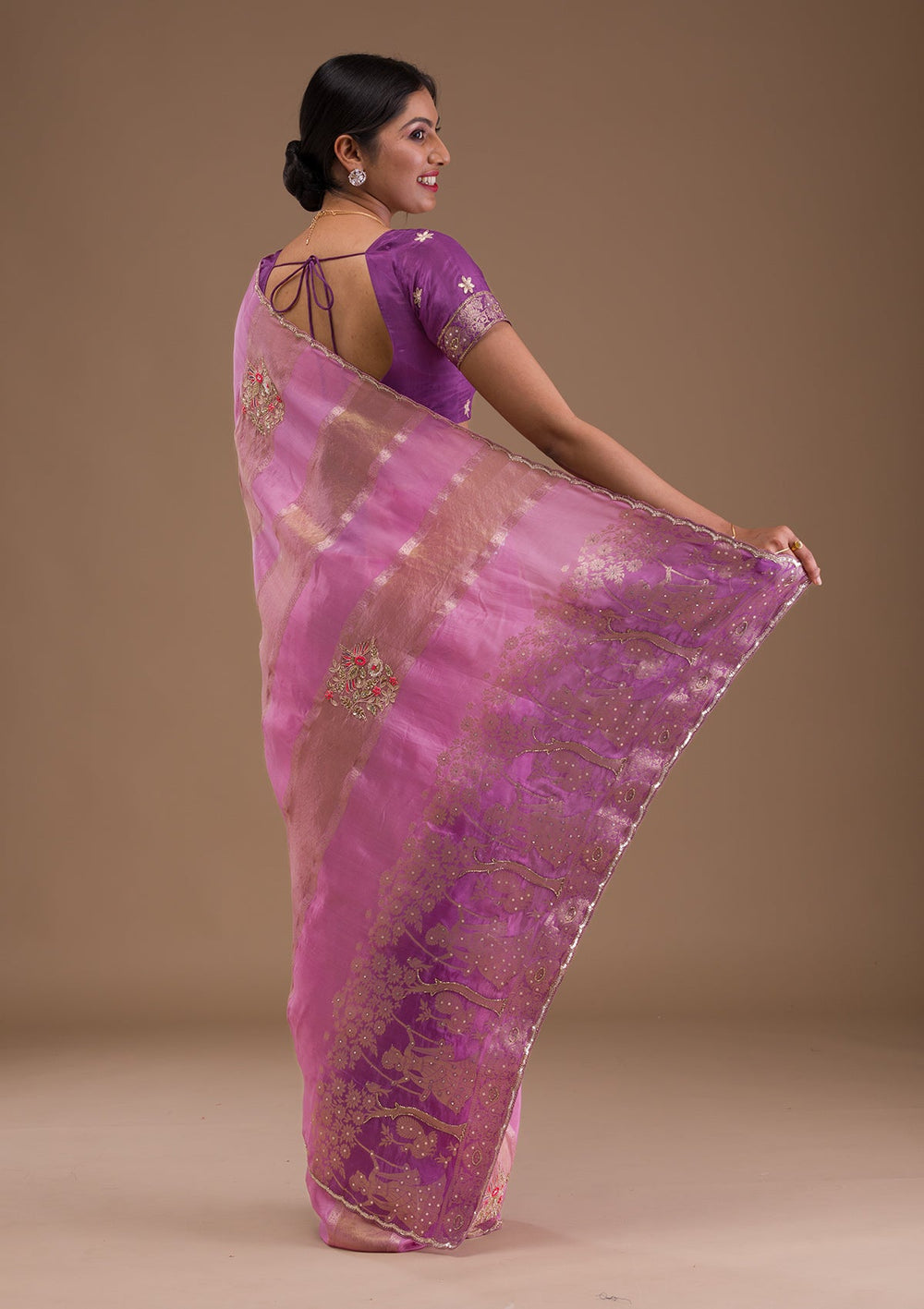 Onion Pink Gotapatti Tissue Saree-Koskii
