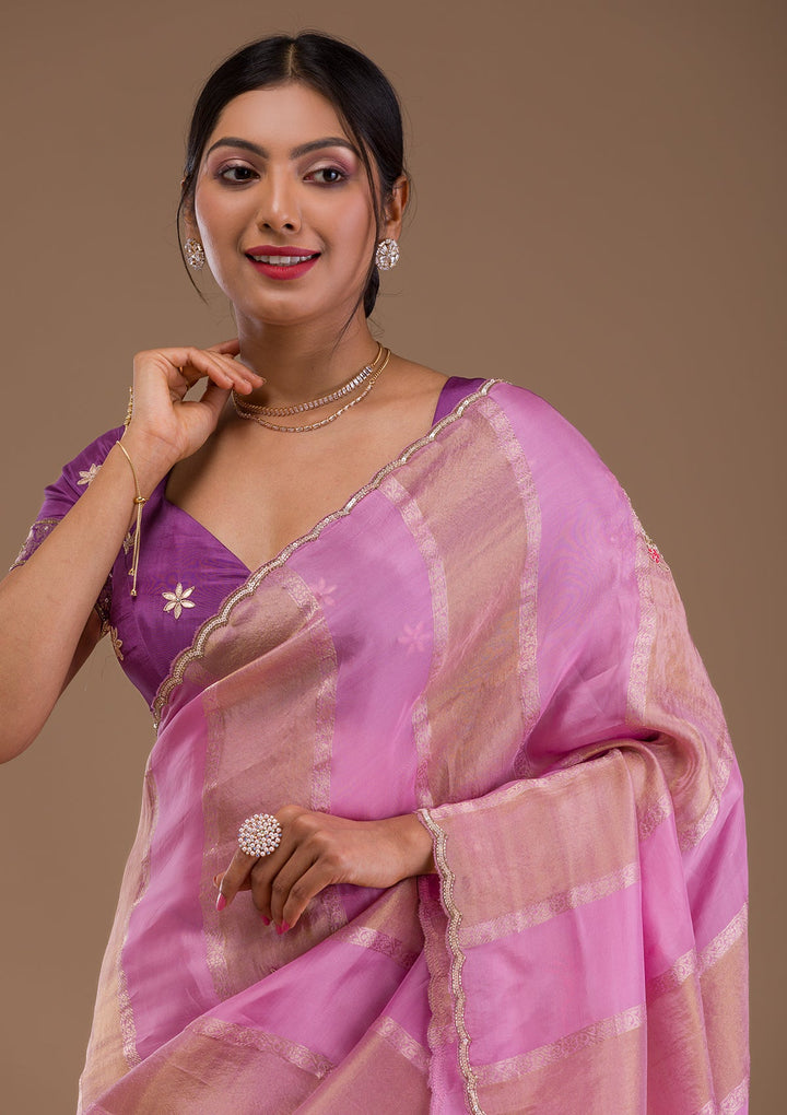 Onion Pink Gotapatti Tissue Saree-Koskii