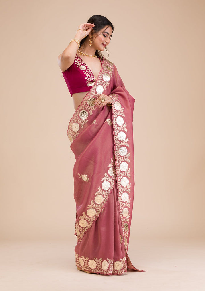 Onion Pink Gotapatti Tissue Saree-Koskii