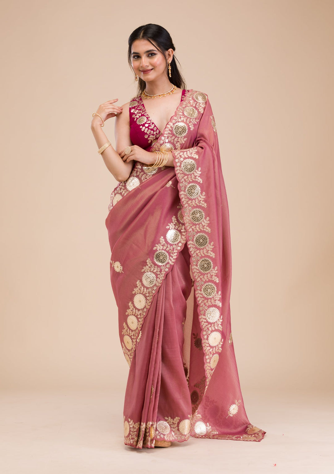 Onion Pink Gotapatti Tissue Saree-Koskii