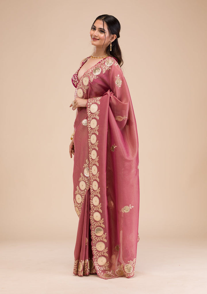 Onion Pink Gotapatti Tissue Saree-Koskii
