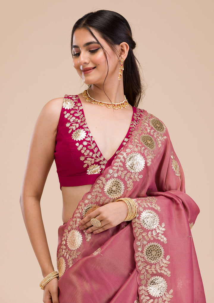 Onion Pink Gotapatti Tissue Saree-Koskii