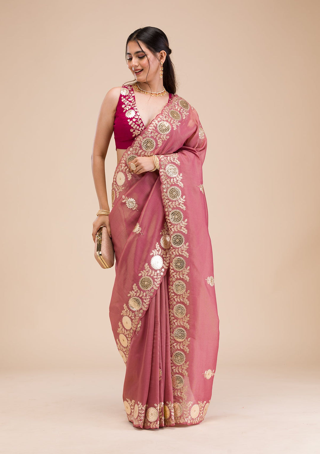Onion Pink Gotapatti Tissue Saree-Koskii