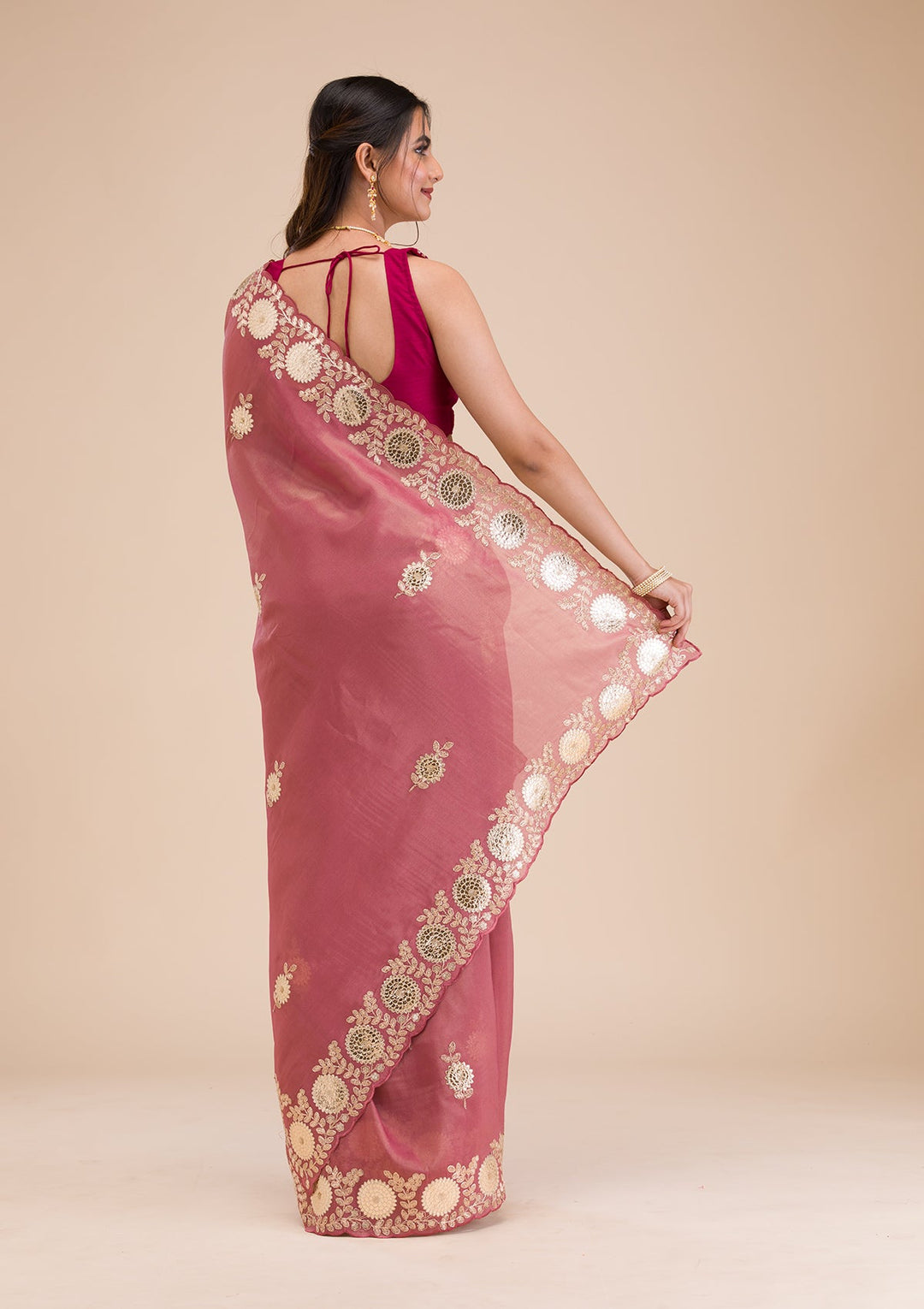 Onion Pink Gotapatti Tissue Saree-Koskii