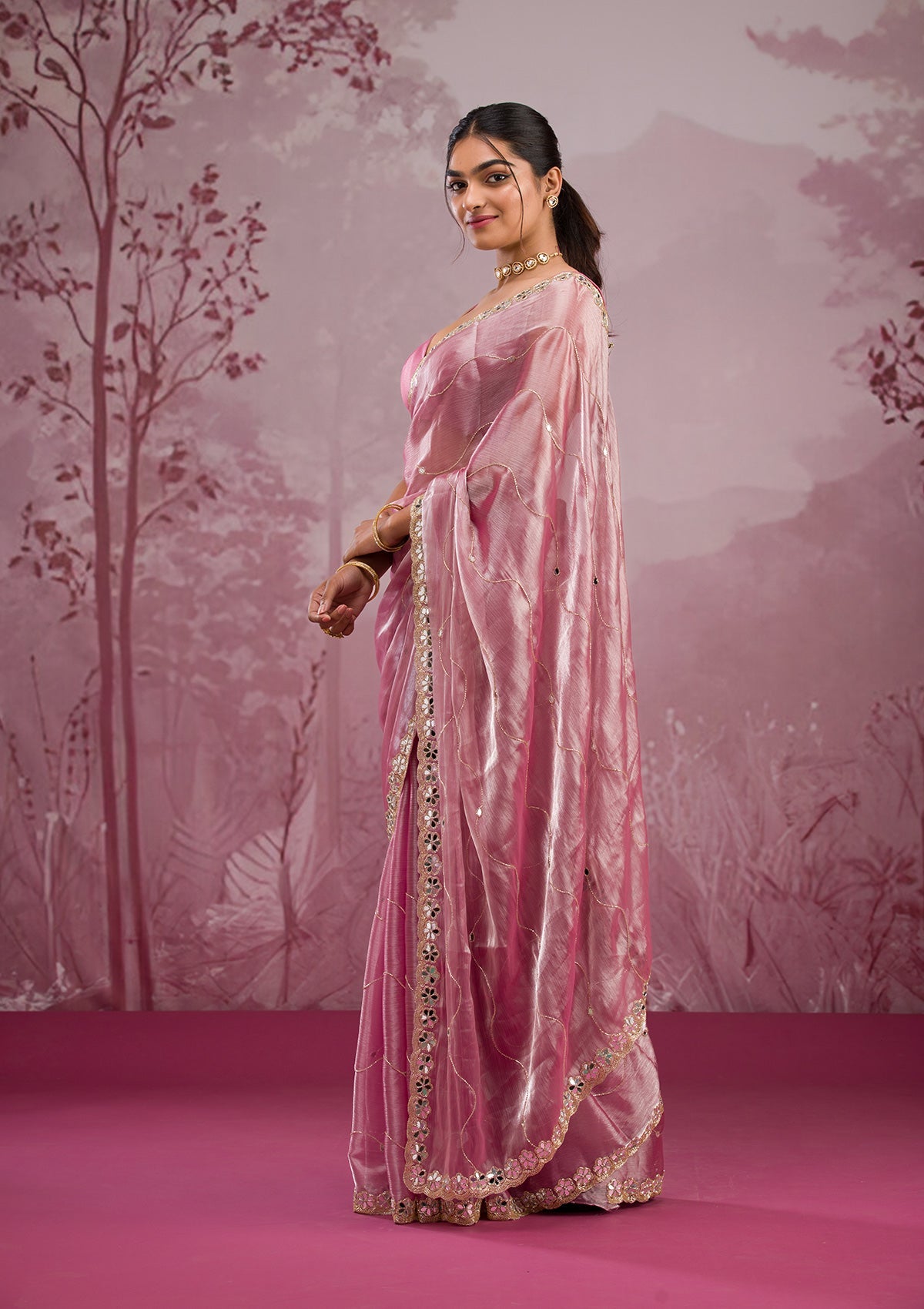 Onion Pink Mirrorwork Georgette Saree-Koskii