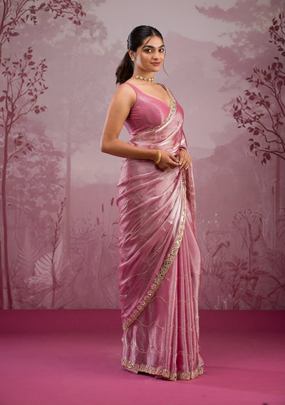 Onion Pink Mirrorwork Georgette Saree-Koskii