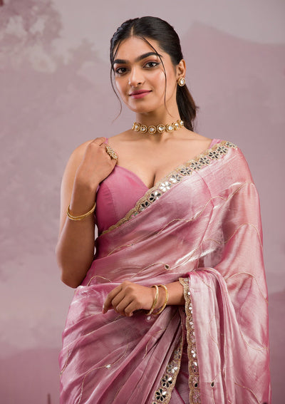 Onion Pink Mirrorwork Georgette Saree-Koskii