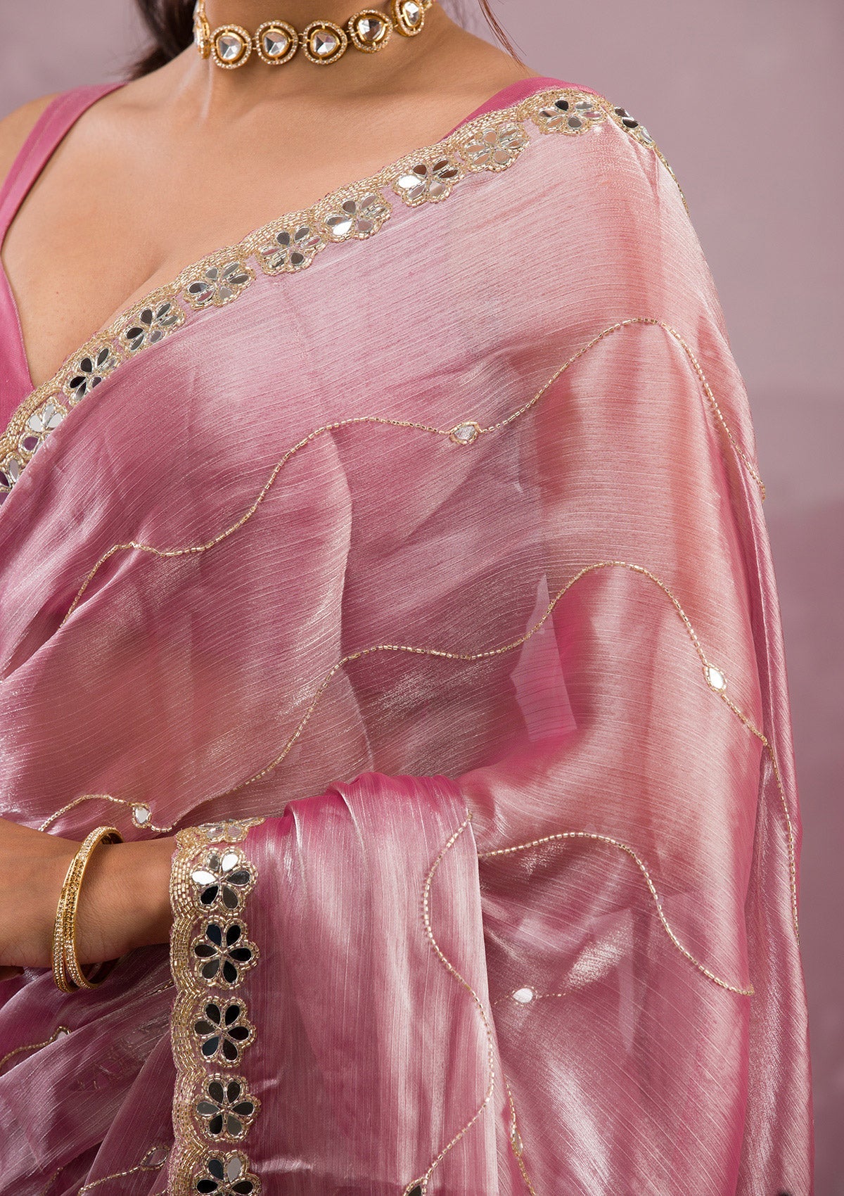 Onion Pink Mirrorwork Georgette Saree-Koskii