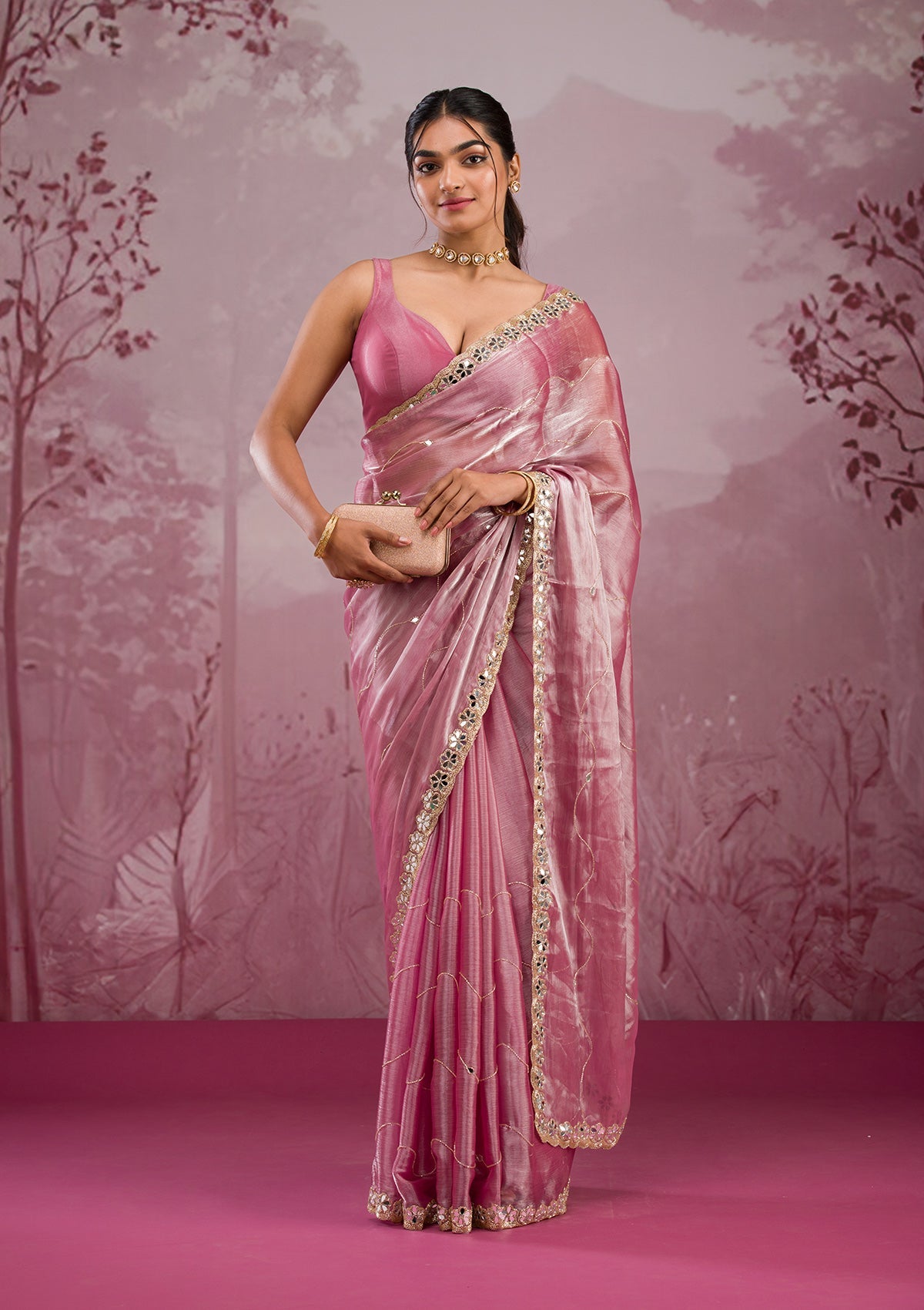 Onion Pink Mirrorwork Georgette Saree-Koskii