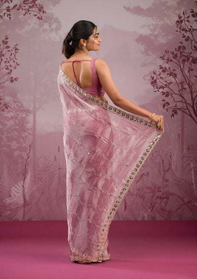 Onion Pink Mirrorwork Georgette Saree-Koskii