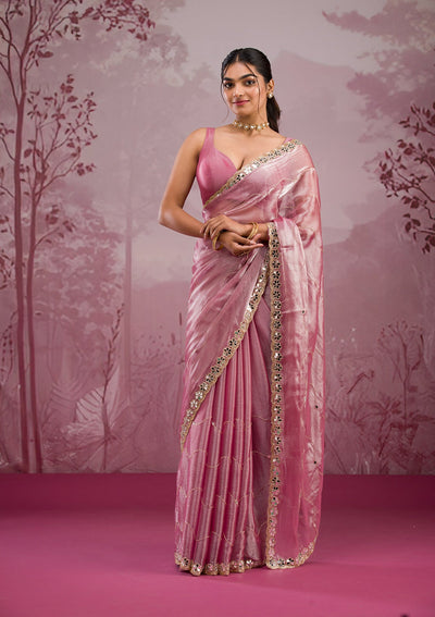 Onion Pink Mirrorwork Georgette Saree-Koskii