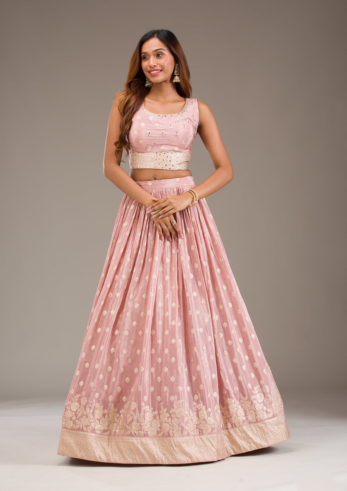 Onion Pink Stonework Semi Crepe Readymade Lehenga