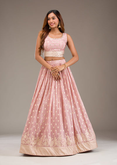 Onion Pink Stonework Semi Crepe Readymade Lehenga