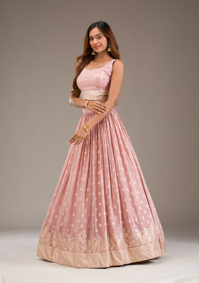 Onion Pink Stonework Semi Crepe Readymade Lehenga