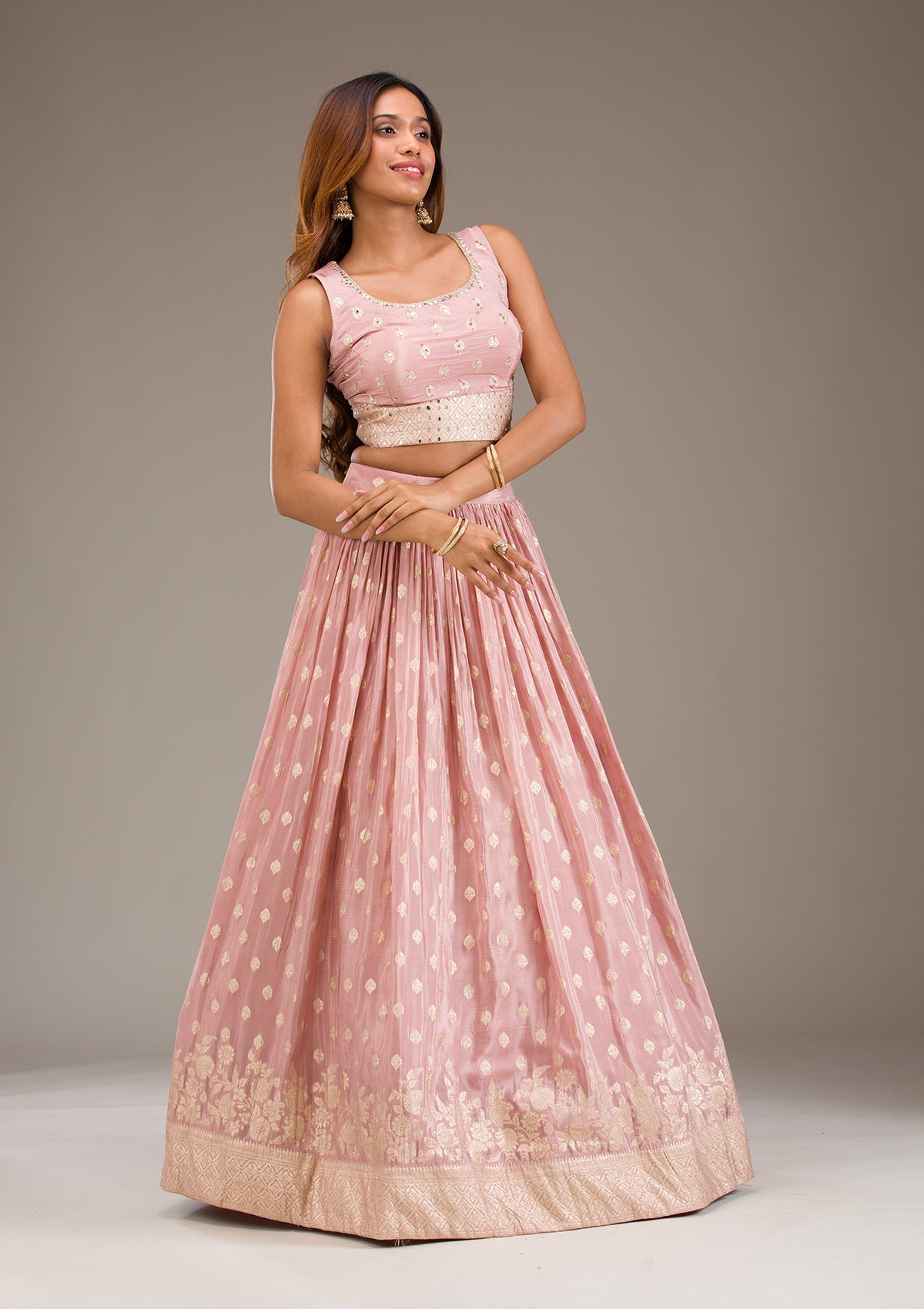 Onion Pink Stonework Semi Crepe Readymade Lehenga