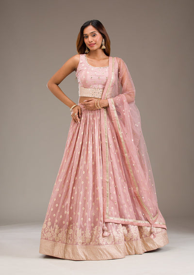 Onion Pink Stonework Semi Crepe Readymade Lehenga