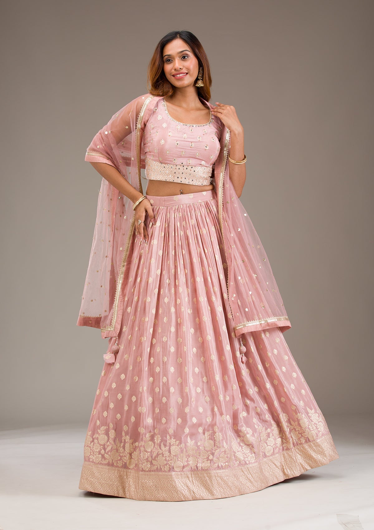 Onion Pink Stonework Semi Crepe Readymade Lehenga-Koskii