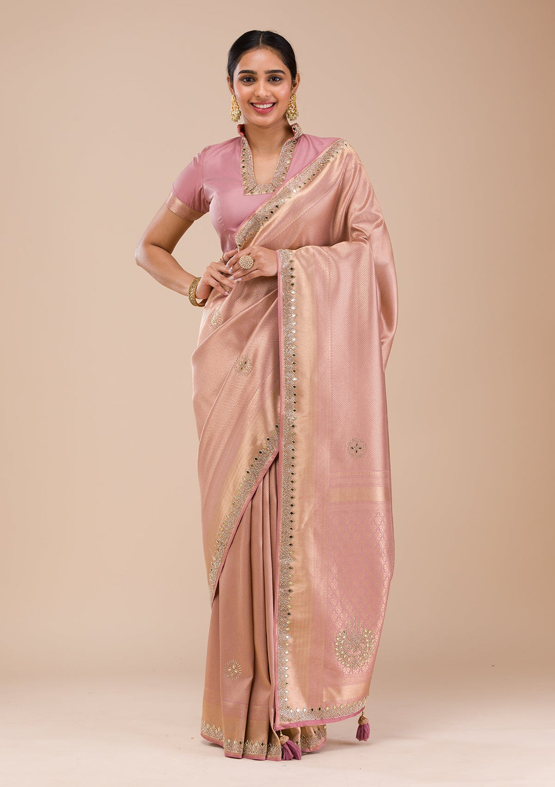 Onion Pink Mirrorwork Silk Saree-Koskii
