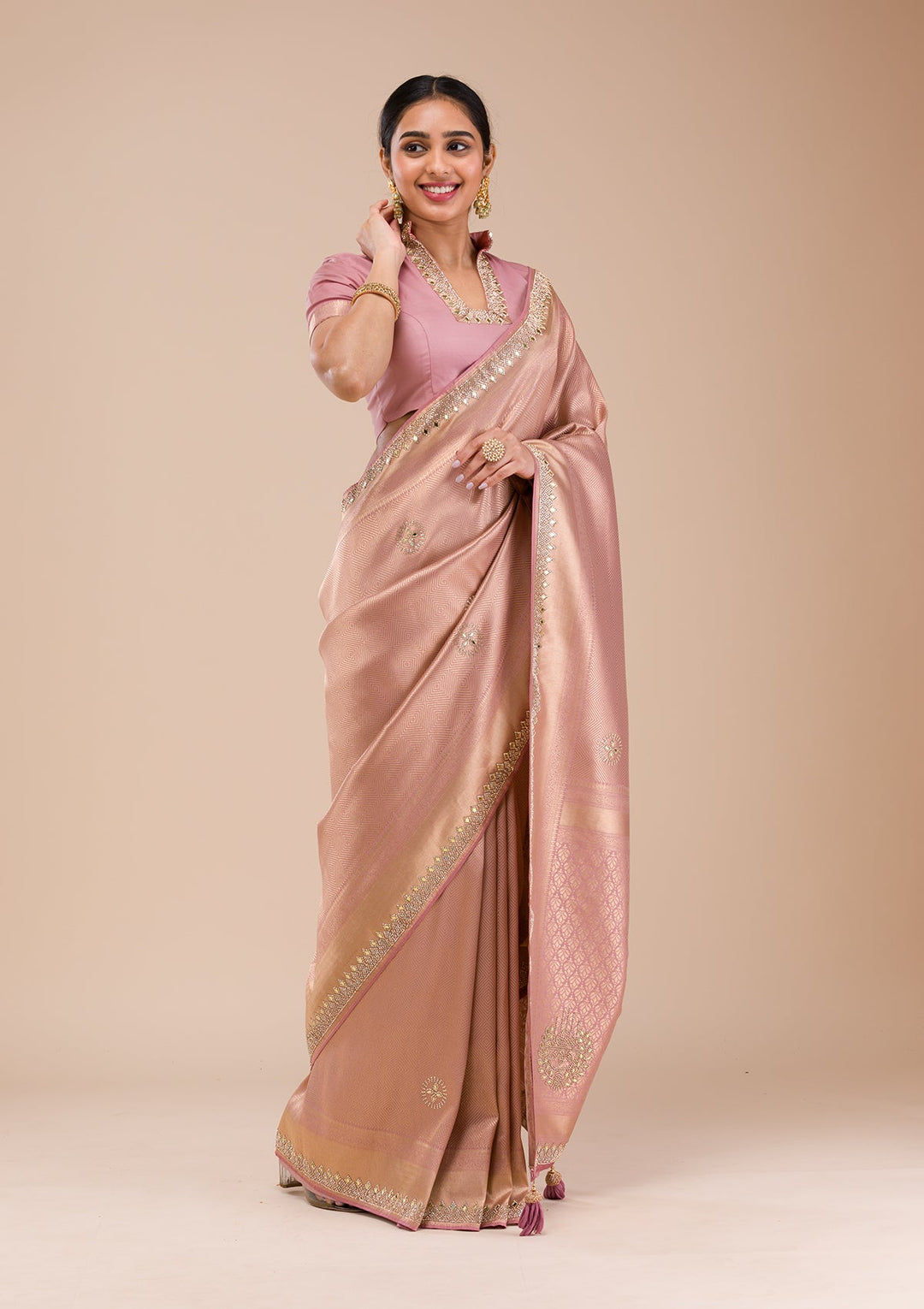 Onion Pink Mirrorwork Silk Saree-Koskii