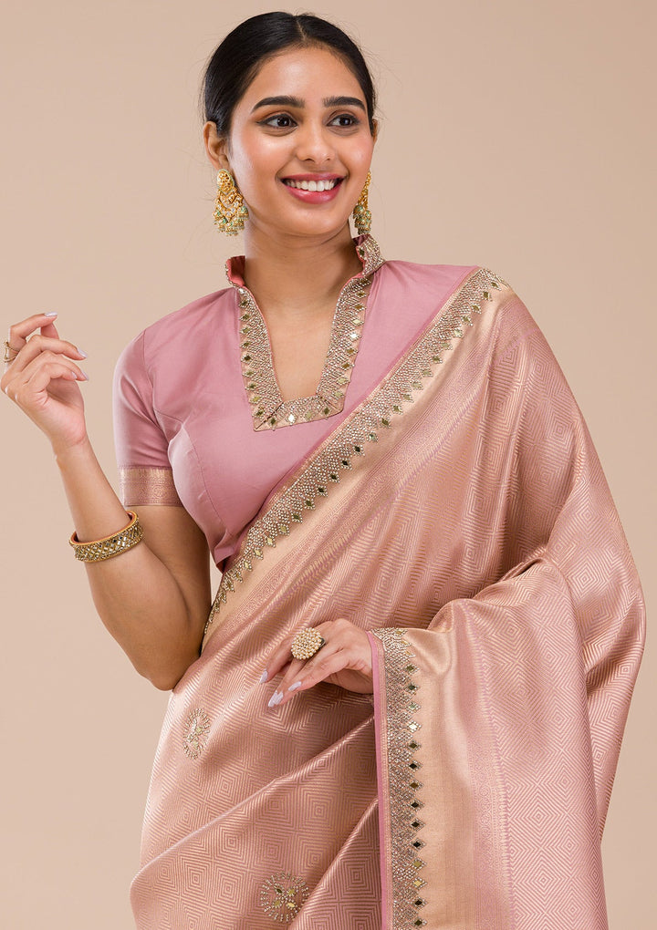 Onion Pink Mirrorwork Silk Saree-Koskii