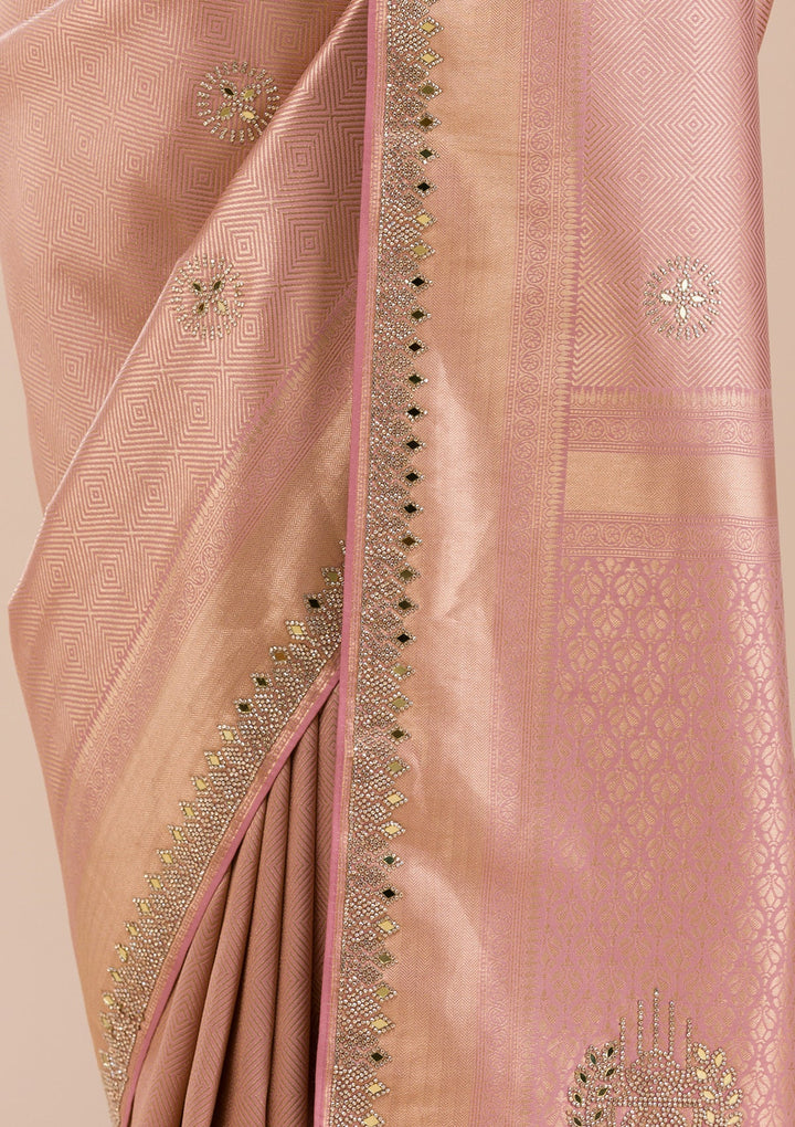 Onion Pink Mirrorwork Silk Saree-Koskii