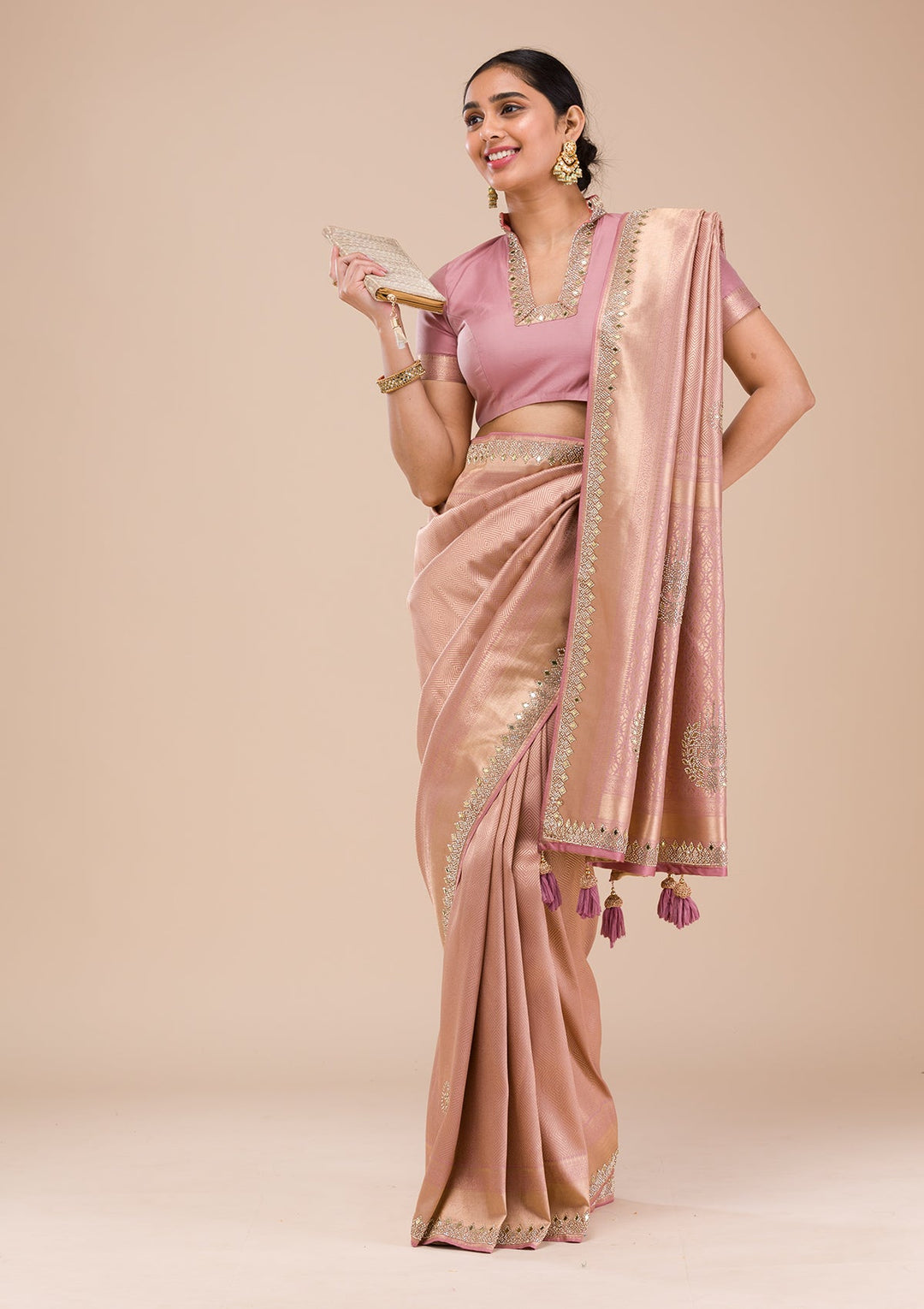 Onion Pink Mirrorwork Silk Saree-Koskii