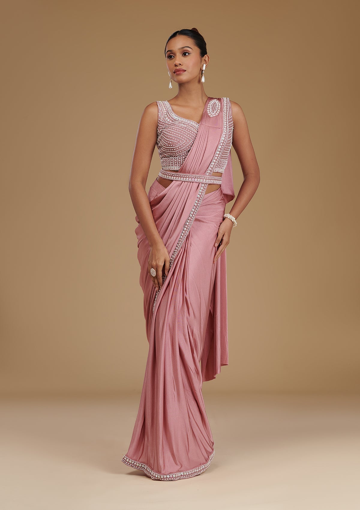 Onion Pink Pearlwork Satin Readymade Saree-Koskii