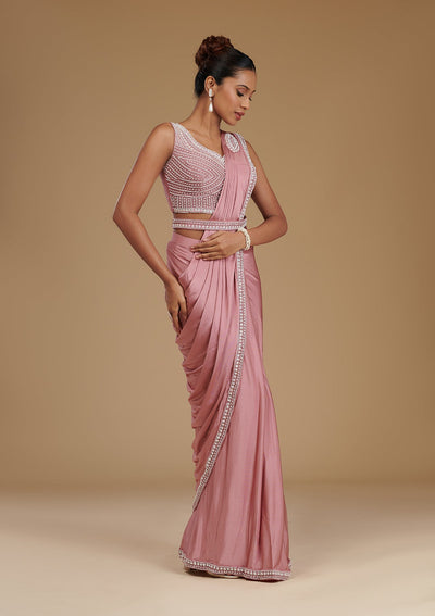 Onion Pink Pearlwork Satin Readymade Saree-Koskii