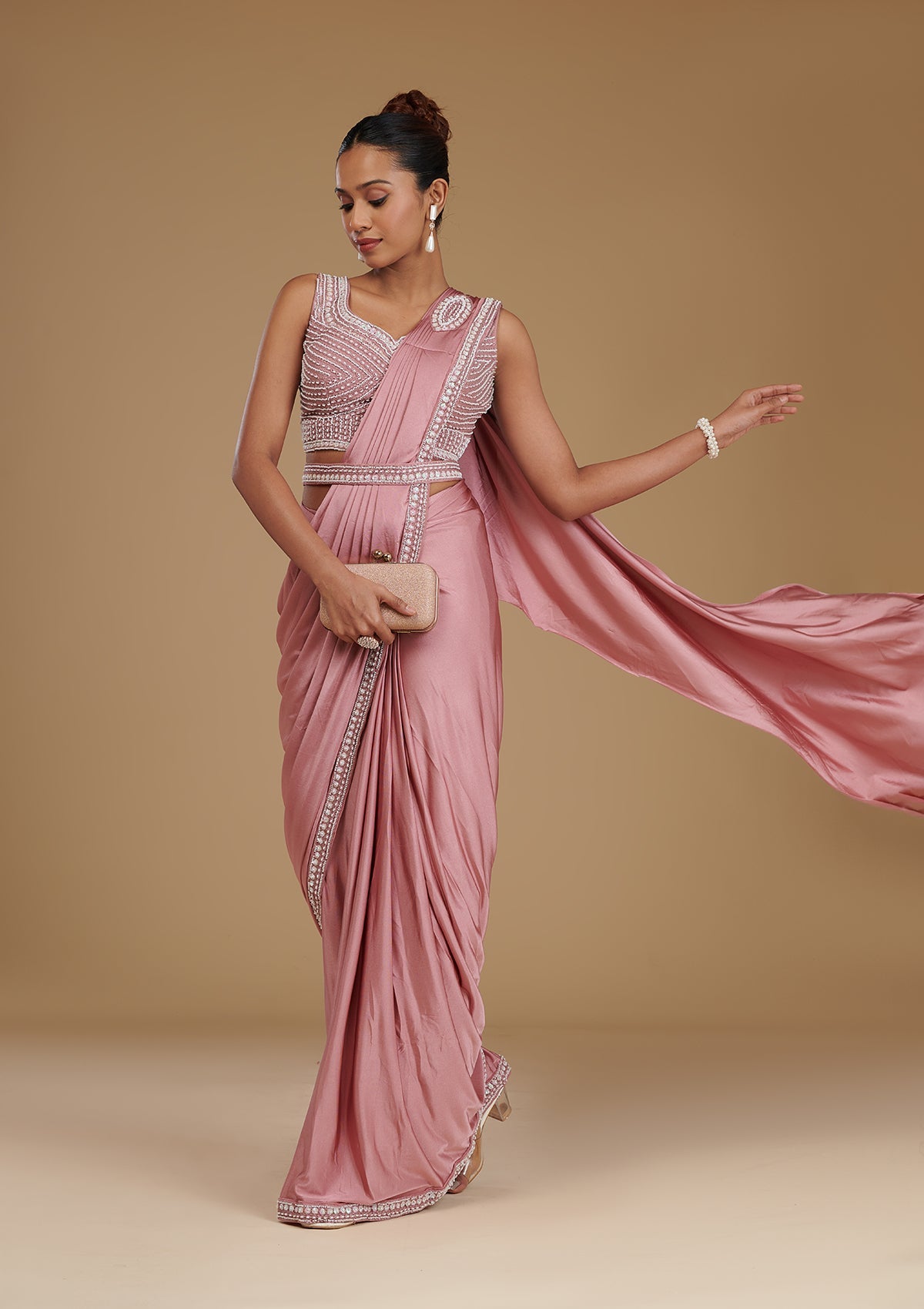 Onion Pink Pearlwork Satin Readymade Saree-Koskii