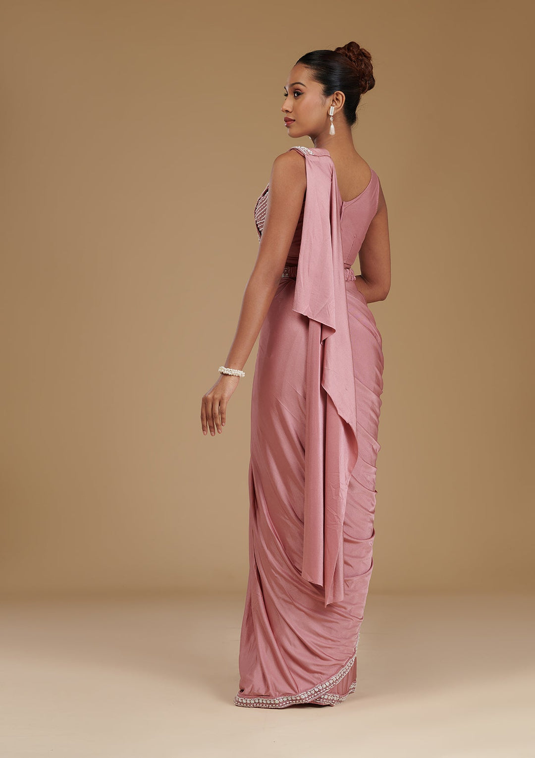 Onion Pink Pearlwork Satin Readymade Saree-Koskii