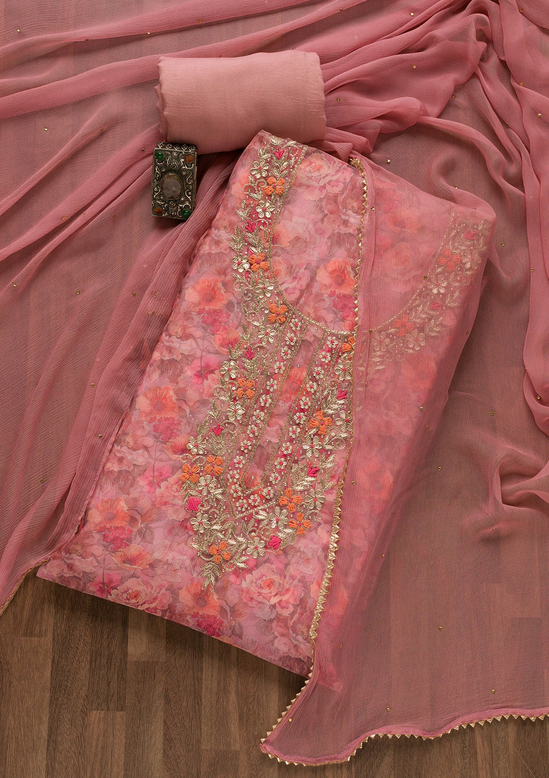 Onion Pink Printed Organza Unstitched Salwar Suit-Koskii