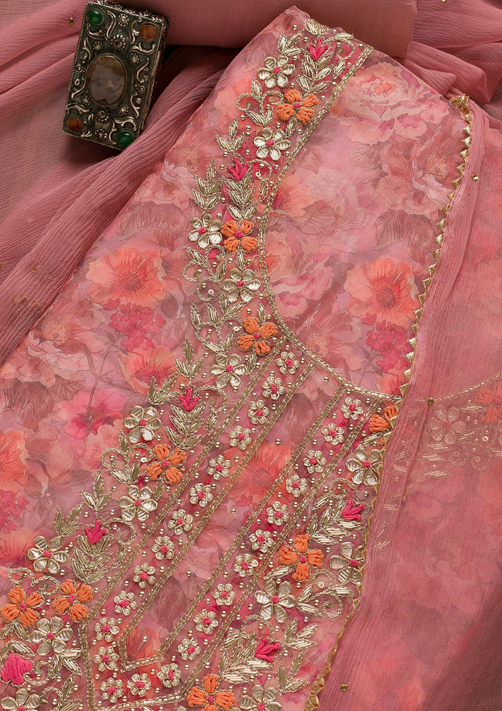 Onion Pink Printed Organza Unstitched Salwar Suit-Koskii