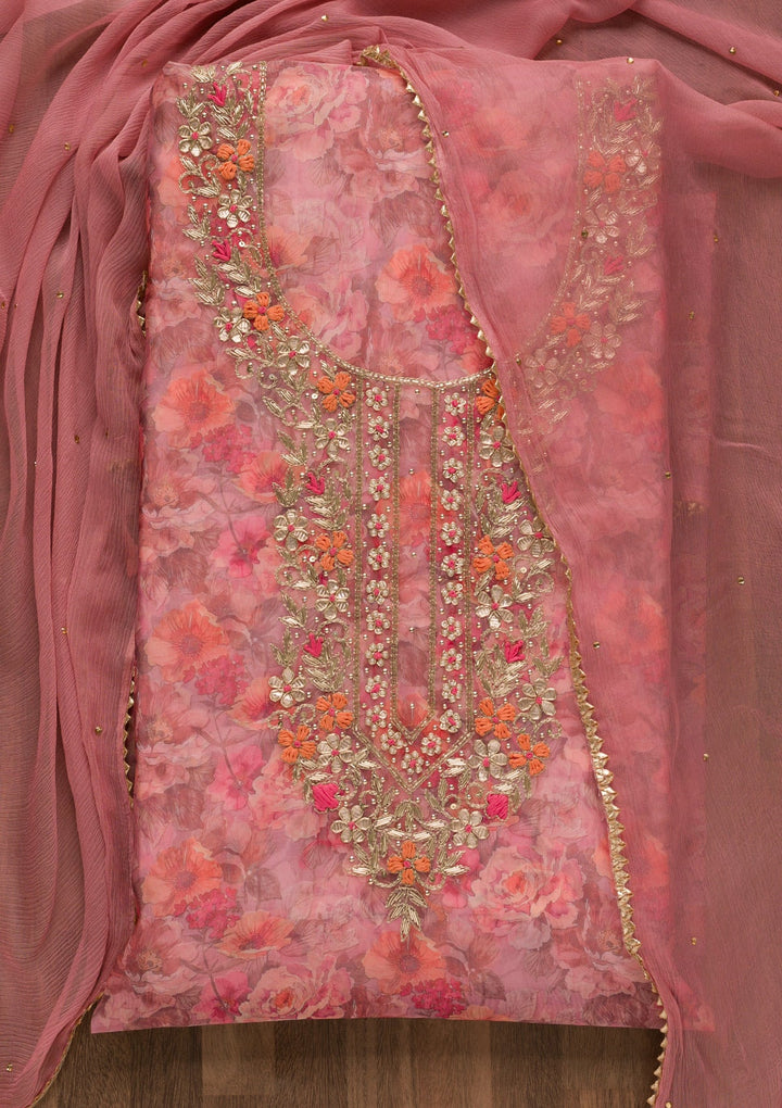 Onion Pink Printed Organza Unstitched Salwar Suit-Koskii