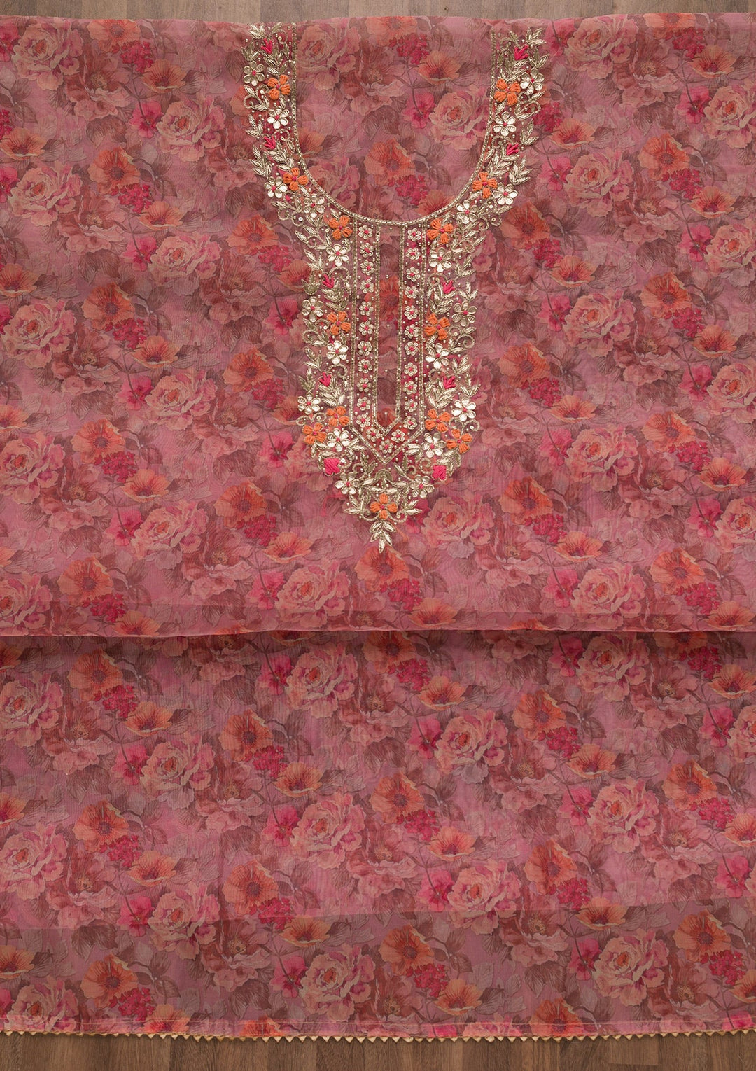 Onion Pink Printed Organza Unstitched Salwar Suit-Koskii
