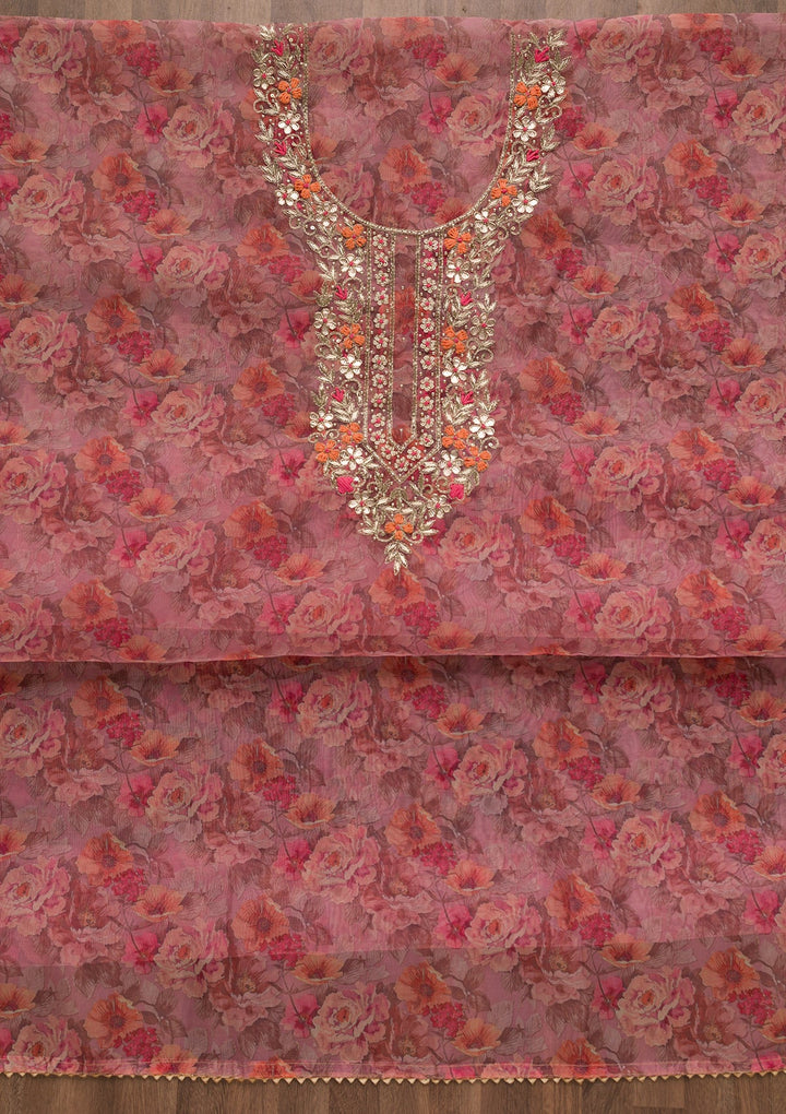 Onion Pink Printed Organza Unstitched Salwar Suit-Koskii