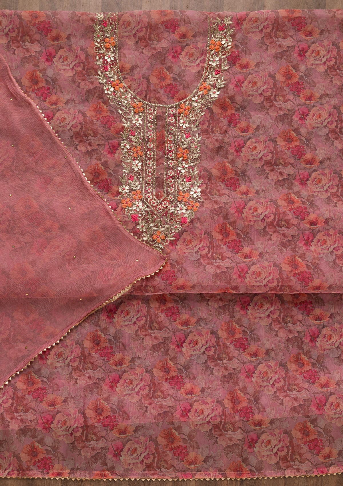 Onion Pink Printed Organza Unstitched Salwar Suit-Koskii