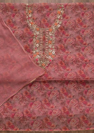 Onion Pink Printed Organza Unstitched Salwar Suit-Koskii