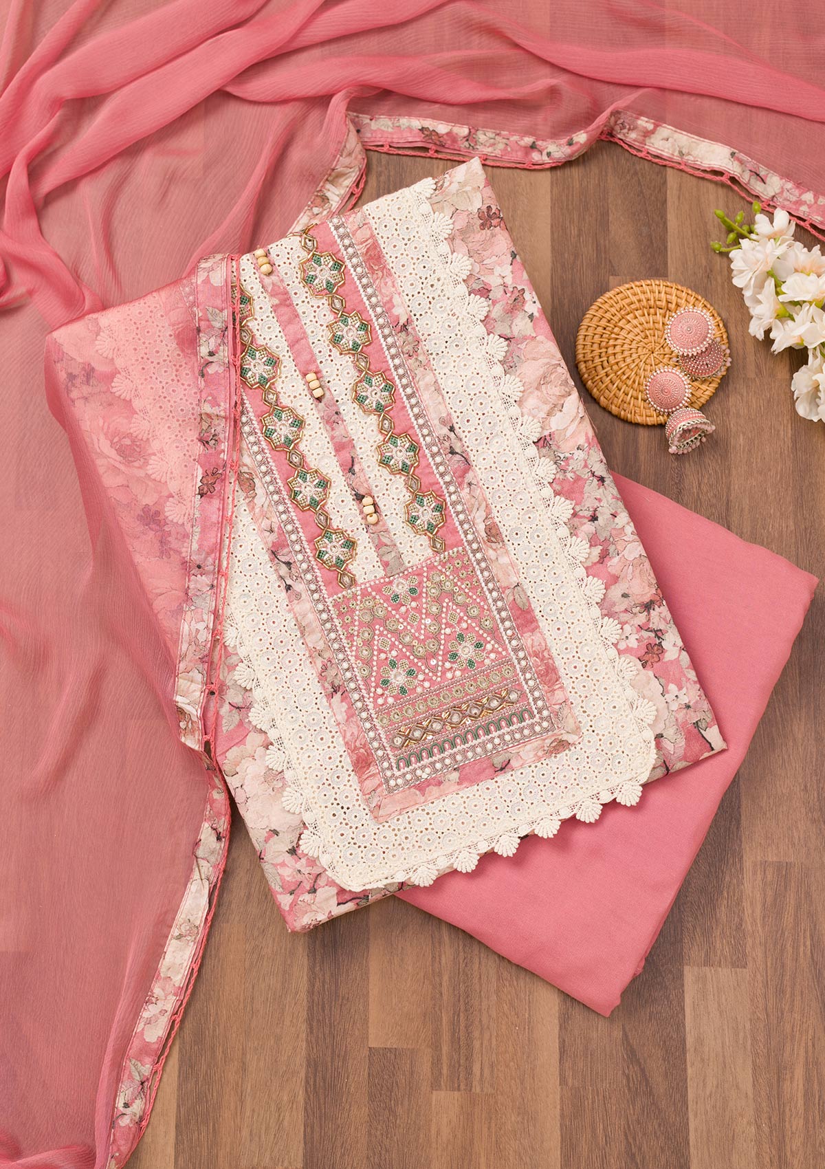 Onion Pink Printed Semi Crepe Unstitched Salwar Suit-Koskii