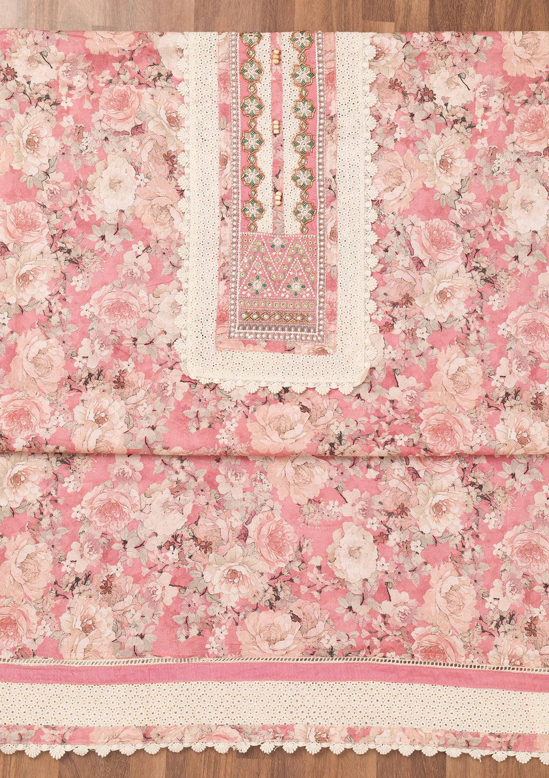 Onion Pink Printed Semi Crepe Unstitched Salwar Suit-Koskii