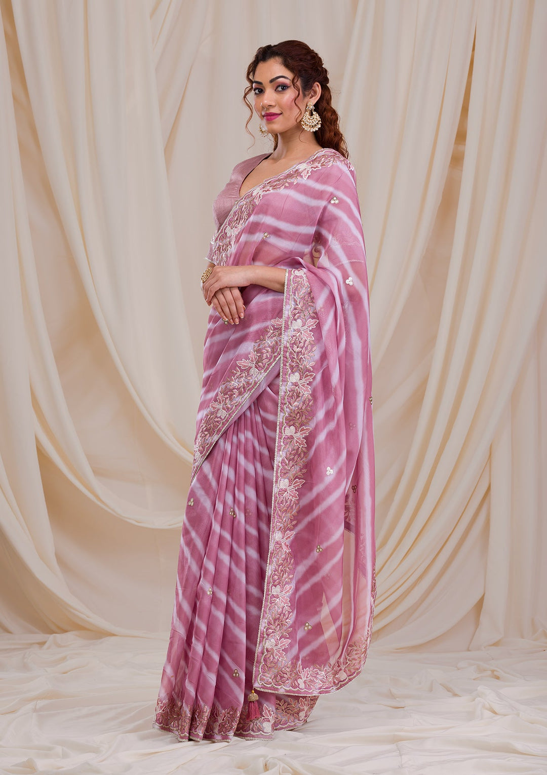 Onion Pink Printed Semi Crepe Saree-Koskii