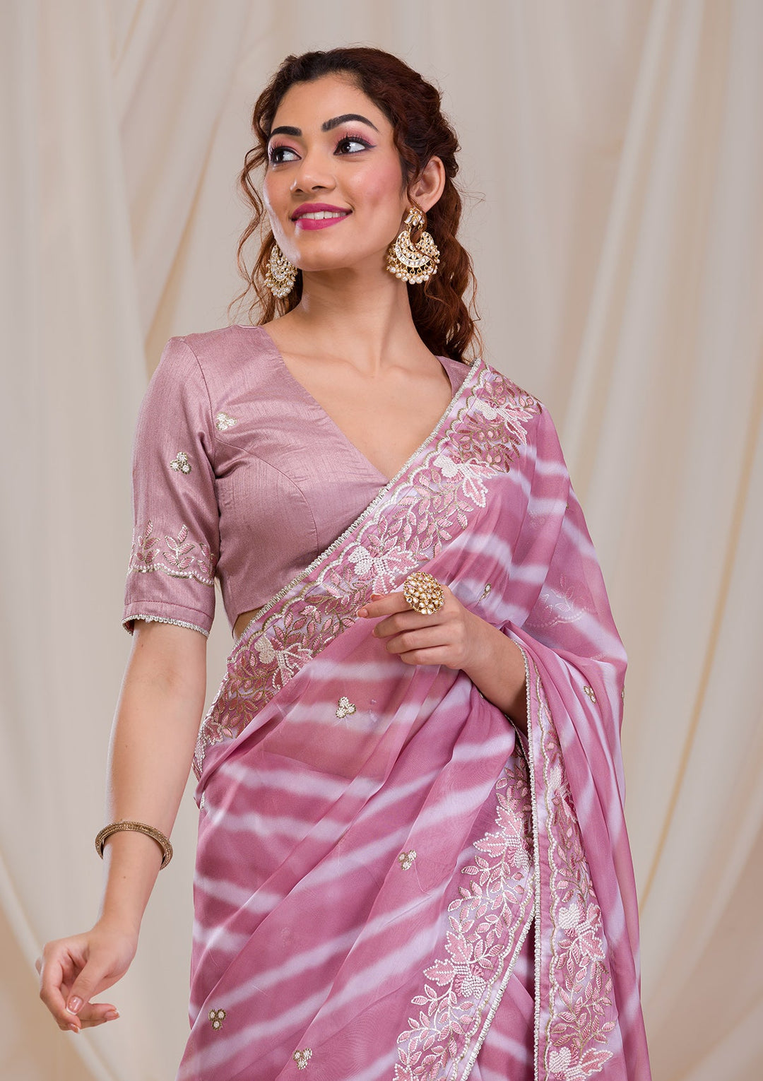 Onion Pink Printed Semi Crepe Saree-Koskii