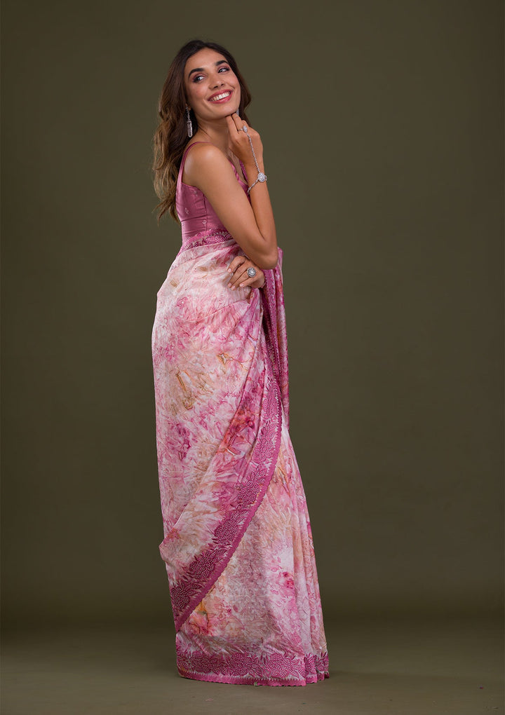 Onion Pink Printed Semi Crepe Saree-Koskii