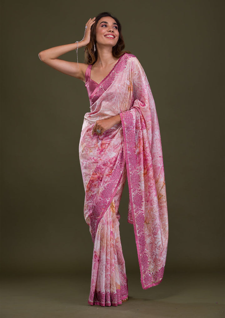 Onion Pink Printed Semi Crepe Saree-Koskii
