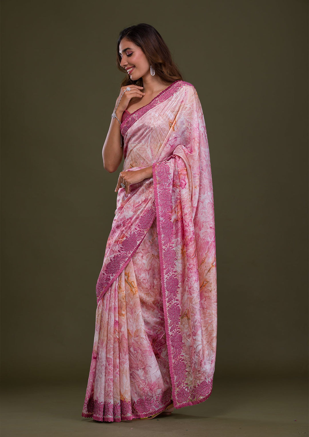 Onion Pink Printed Semi Crepe Saree-Koskii