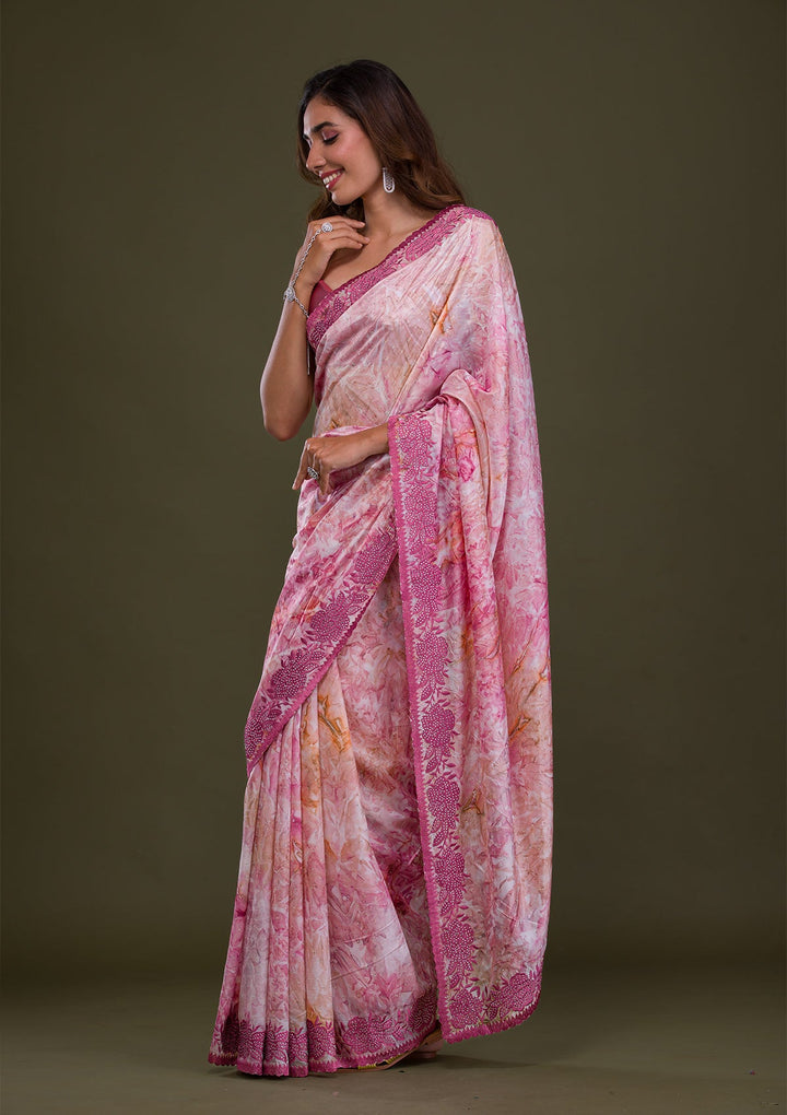 Onion Pink Printed Semi Crepe Saree-Koskii